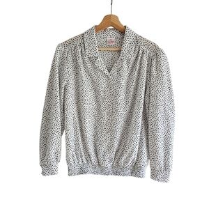 Vintage Graff Black And White Polka Dot Blouse Smocked Hem Collared Size M